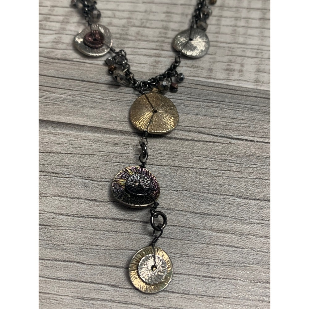 Napier Mixed Metal Textured Disc Y-Necklace Gunmetal Tone Beaded Drop Statement - Picture 5 of 10